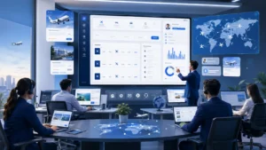 OTA platform dashboard showing travel booking management, flight search, payment tracking, and travel business analytics.