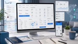 Travel agency software dashboard for B2C travel businesses with flight booking, hotel reservations, payments, customer profiles, and travel analytics.