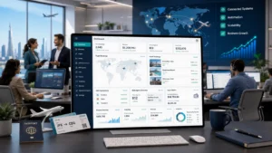 Travel agency software for medium-sized travel agencies showing bookings, GDS connections, B2B agents, finance, ticketing, refunds, and analytics dashboard